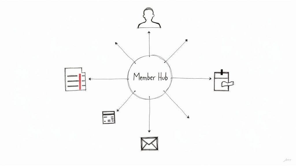 Diagram showing a central Member Hub connecting to member profiles, documents, calendar, lists, and email.