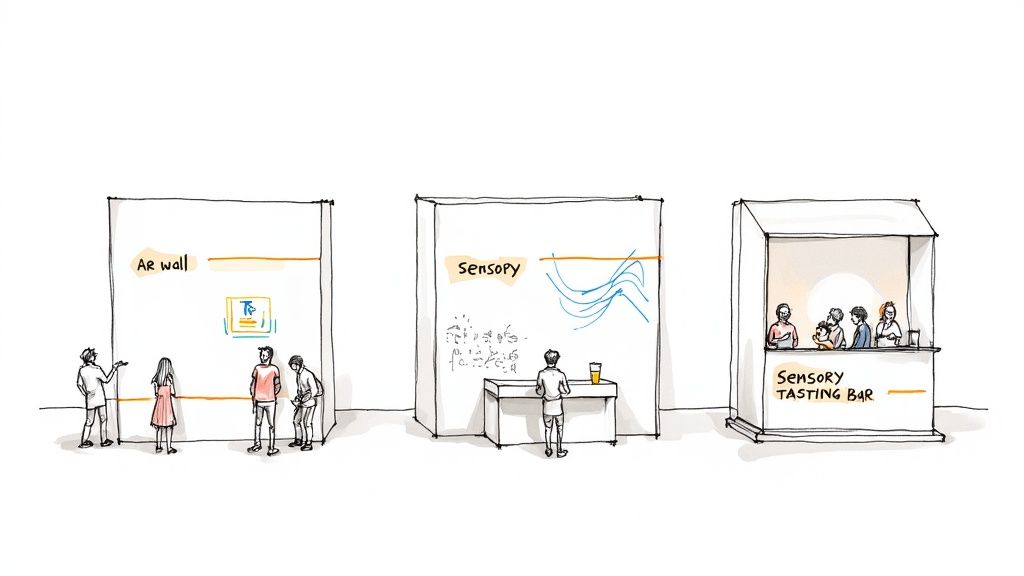 A sketch showing three experiential marketing booths: an AR wall, a sensory display, and a tasting bar with people.