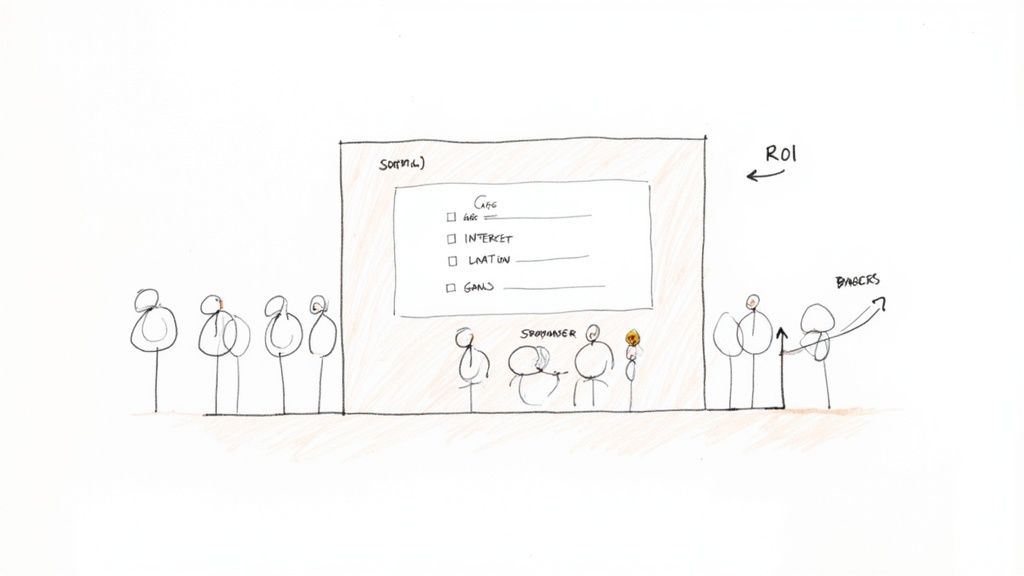 A diagram depicting groups of people representing sponsors and backers, interacting with a screen showing a checklist for event sponsorship.