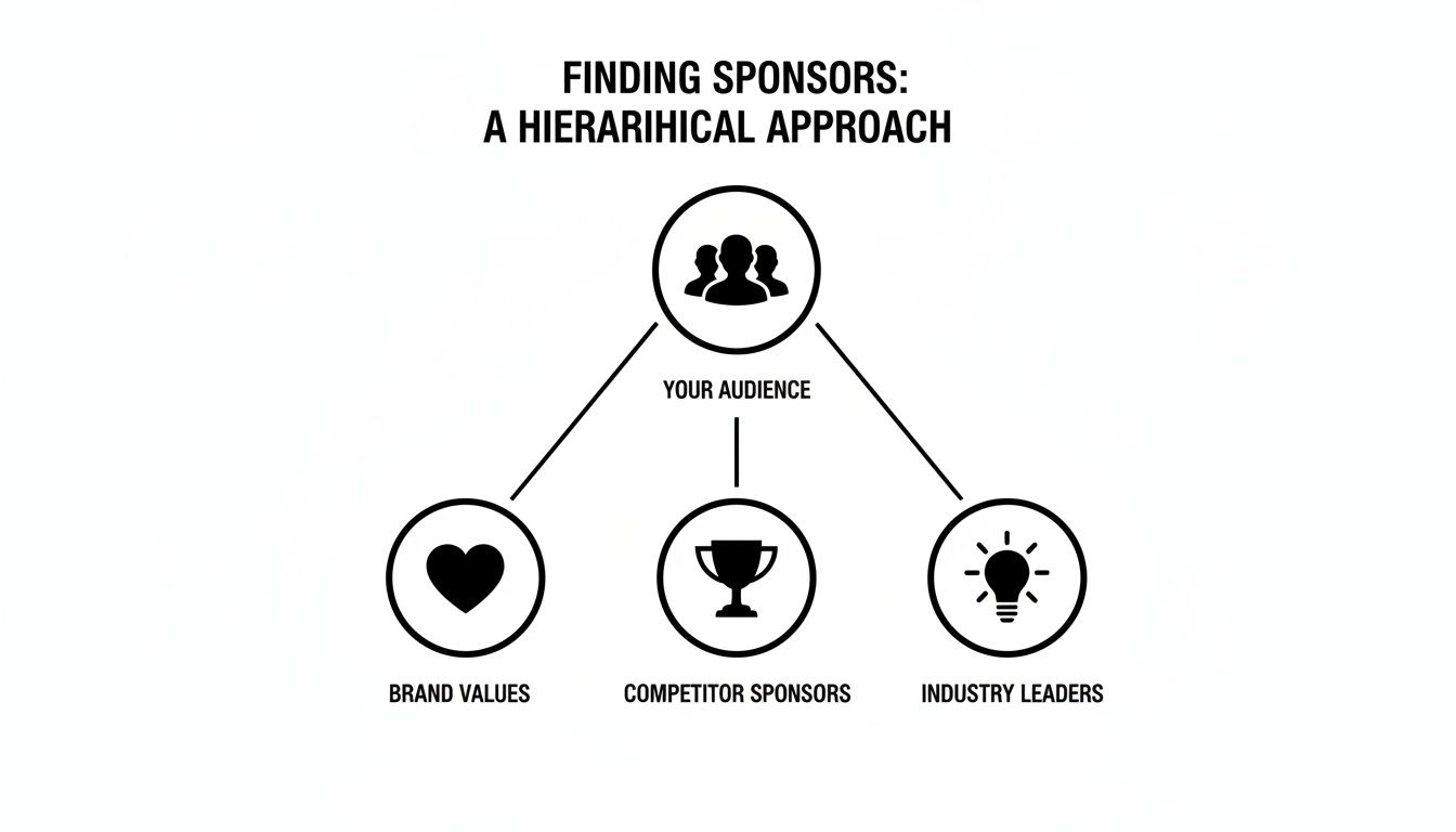 A hierarchical diagram showing how to find sponsors by considering audience, brand values, competitor sponsors, and industry leaders.