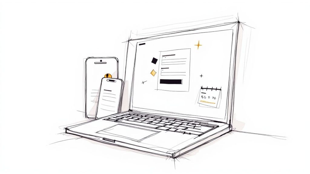 A hand-drawn sketch showing a laptop displaying a form and calendar, alongside two smartphones.