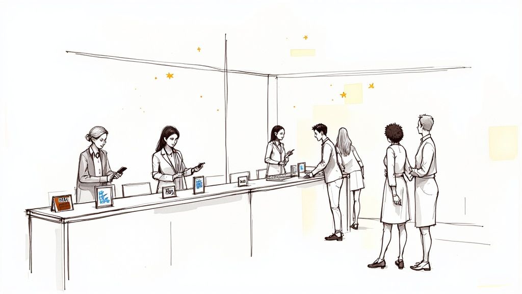 Illustration of an event registration desk with staff assisting attendees, featuring interactive displays and star decor.