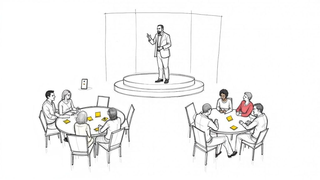 Illustration of an event with a speaker on stage and attendees collaborating at round tables.