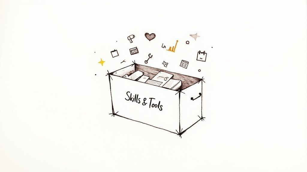 A hand-drawn box labeled 'Skills & Tools' with various professional icons floating above it.