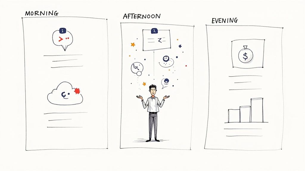 Illustration showing a community manager's daily duties: morning engagement, afternoon multitasking, and evening reporting.