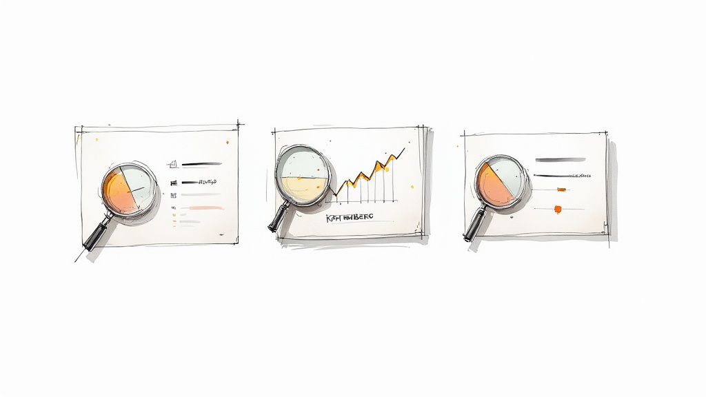 Three illustrations of magnifying glasses examining business charts and data analysis.