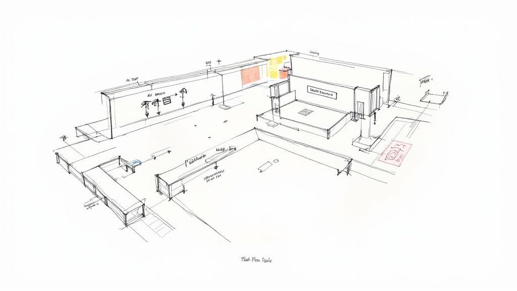 Detailed architectural sketch showing an event floor plan with stage, seating, and technical areas.