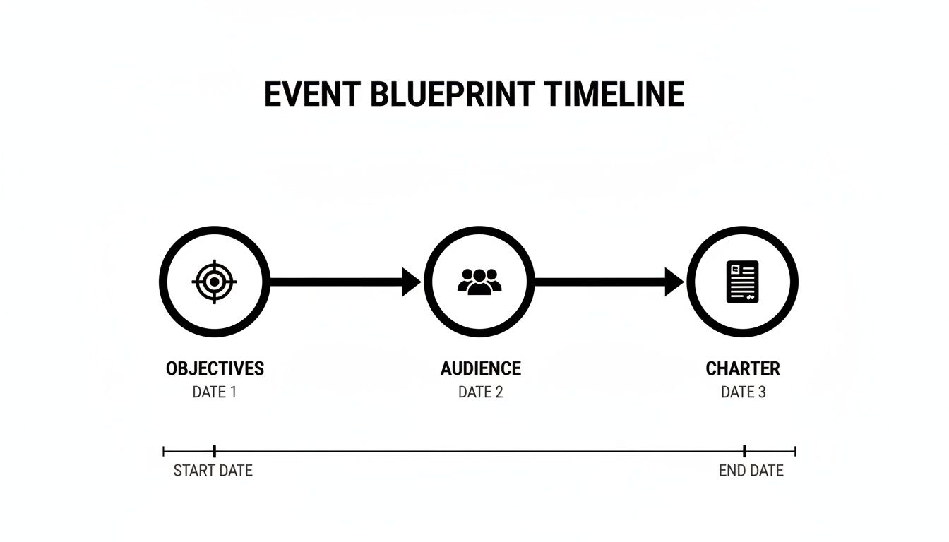A timeline graphic illustrating the Event Blueprint process with stages: Objectives, Audience, and Charter, spanning from start to end dates.