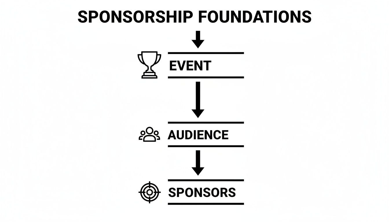 A flowchart titled 'Sponsorship Foundations' showing Event, Audience, and Sponsors in sequential order.