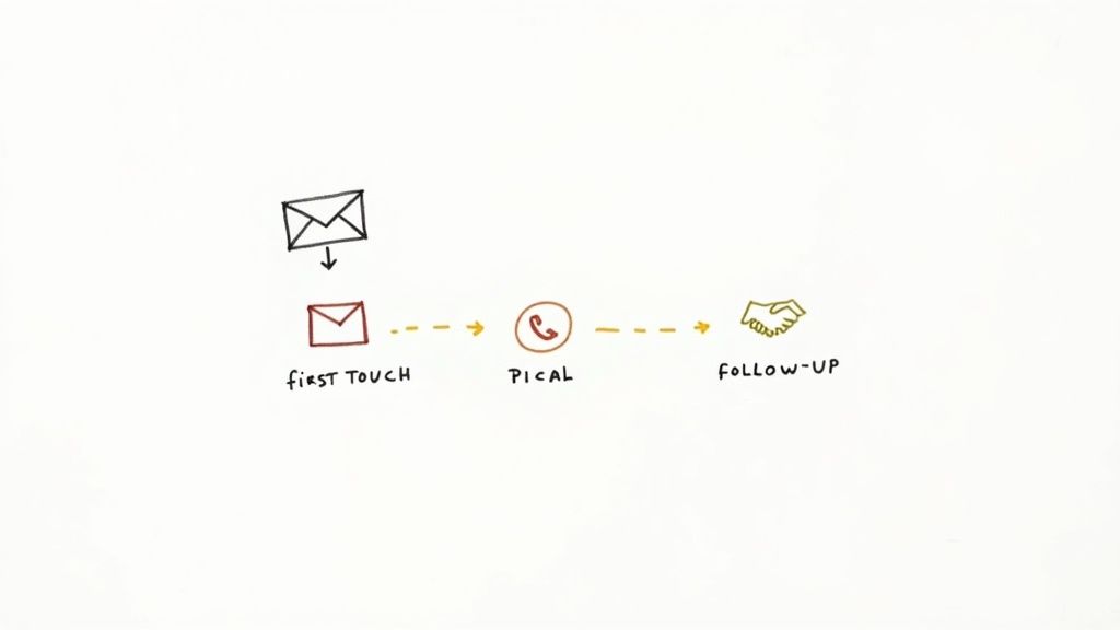 A hand-drawn workflow illustrating an outreach process: email, first touch, phone call, and follow-up.