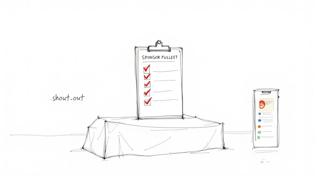 A sketch illustrating event sponsorship fulfillment with a checklist, 'shout-out' text, and a mobile phone.