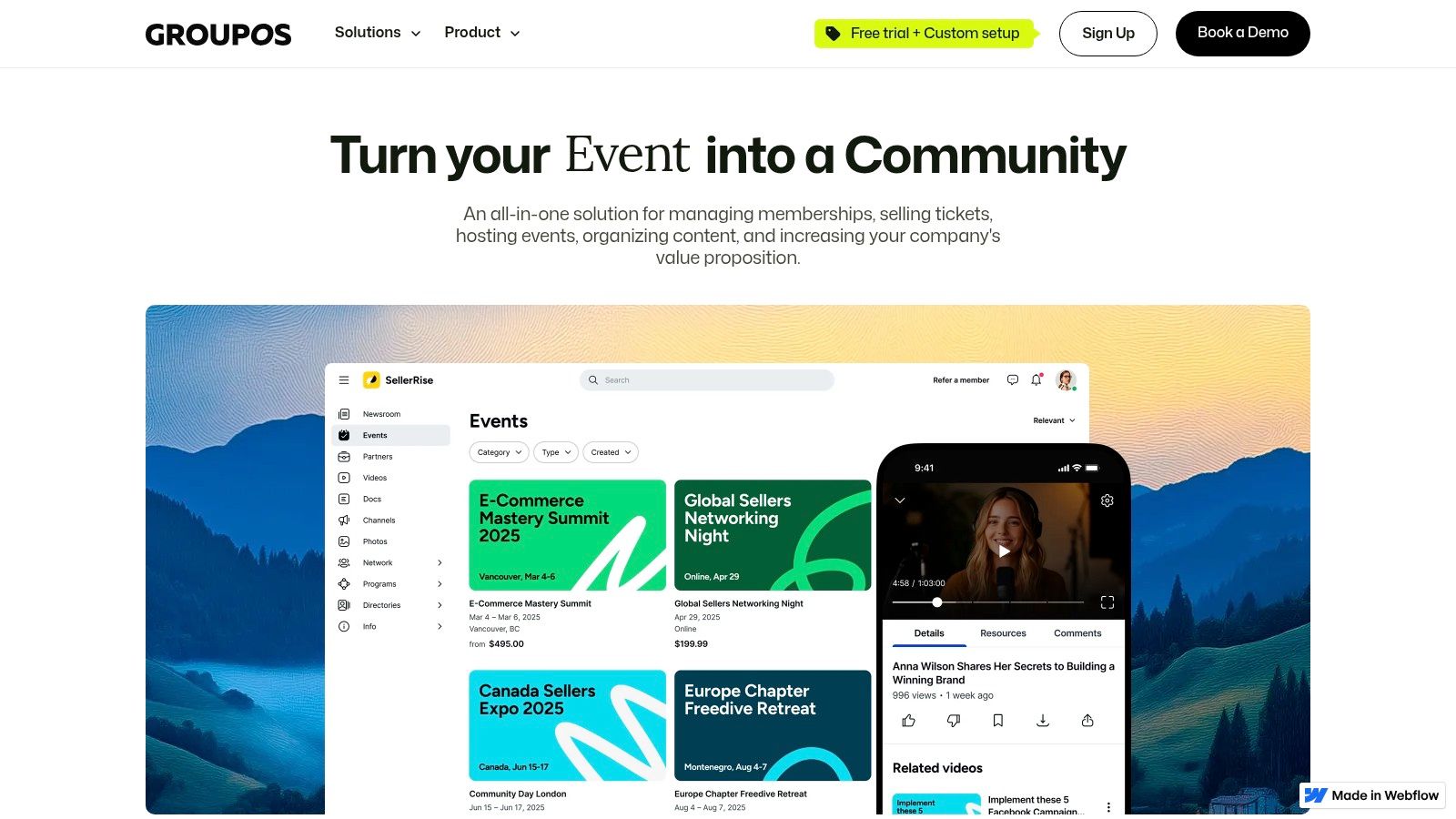 GroupOS homepage showing its event and community management features
