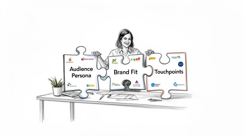 Smiling woman holds three puzzle pieces: Audience Persona, Brand Fit, and Touchpoints, each featuring various company logos.