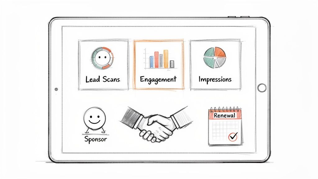 A hand-drawn tablet interface displaying event statistics, including lead scans, engagement, impressions, sponsor, and renewal.