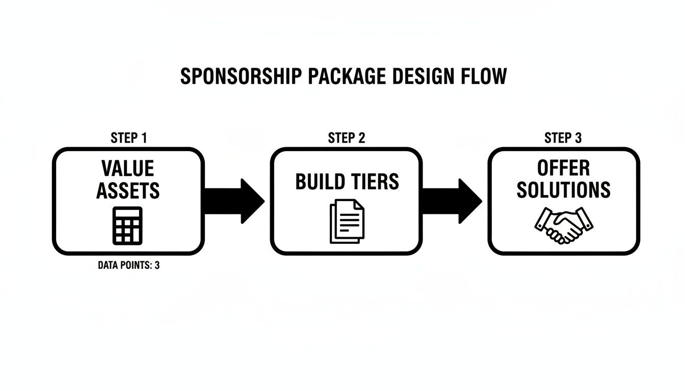 Flowchart showing three steps for sponsorship package design: value assets, build tiers, and offer solutions.