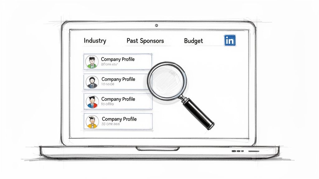 A sketch of a laptop screen displaying company profiles, past sponsors, budget, and a LinkedIn logo, with a magnifying glass over it.