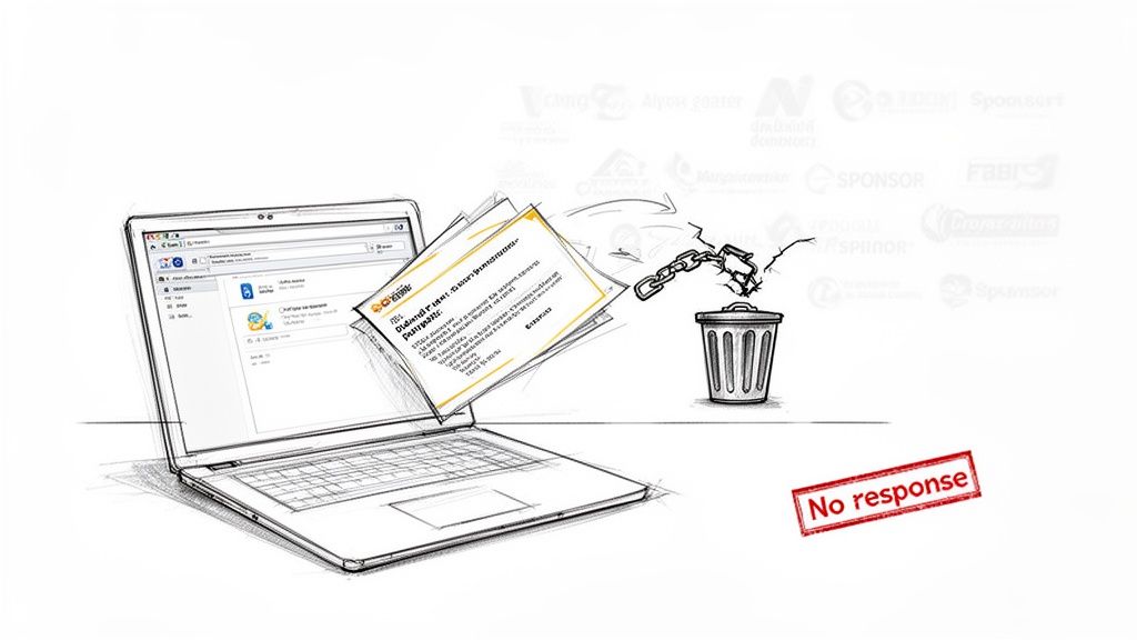 Illustration of rejected sponsorship proposals from a laptop, discarded into a trash can with 'No response'.