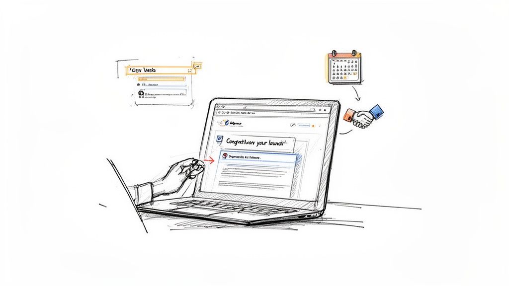 A sketch shows a hand interacting with a laptop displaying a 'Congratulations on your launch!' message, alongside a calendar and email interface.