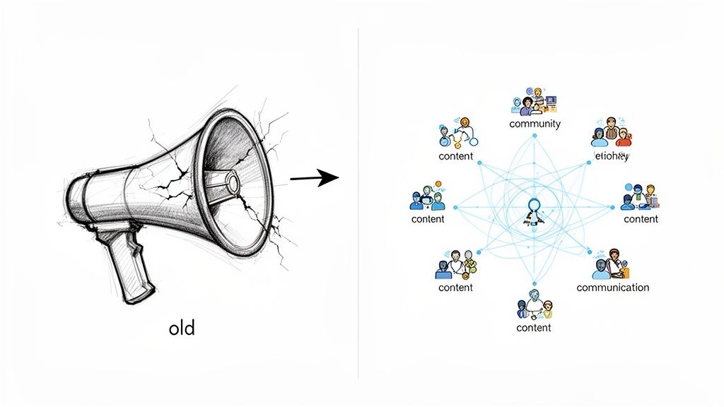 Visualizing the shift from one-way, outdated megaphone communication to multi-directional, networked customer engagement.