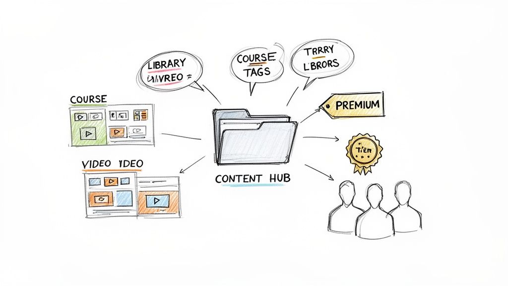 A whiteboard sketch shows a 'Content Hub' folder connecting to courses, videos, tags, premium content, and users.