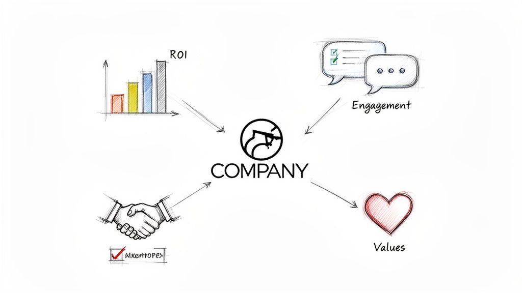A hand-drawn diagram illustrating key company elements: ROI, engagement, partnerships, and values.