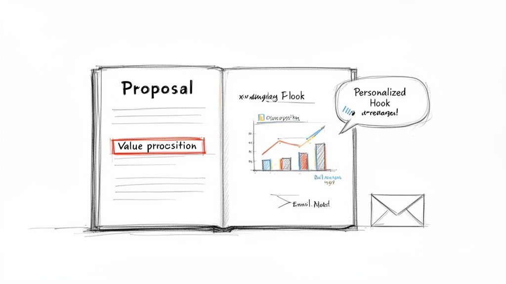 An open proposal book displays a value proposition, business charts, and a speech bubble about a personalized hook.