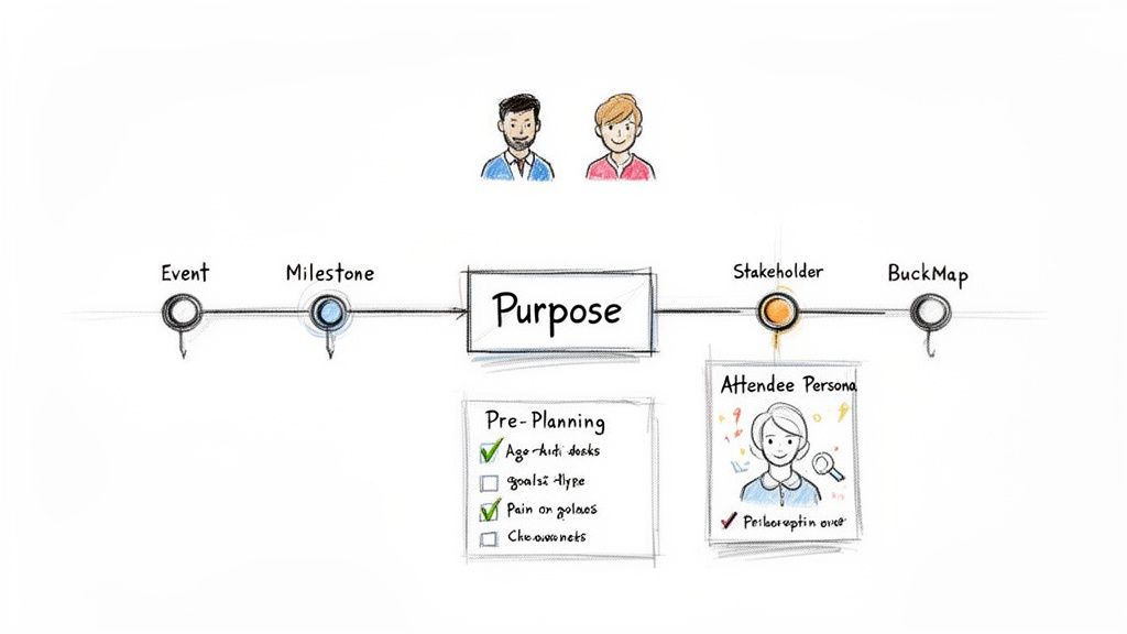 A diagram illustrating event planning, showing a timeline with purpose, pre-planning, and attendee persona.