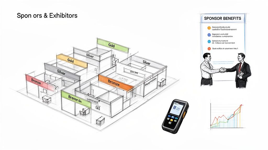 Event layout sketch featuring Bronze, Silver, and Gold sponsor booths, sponsor benefits, and event tech.