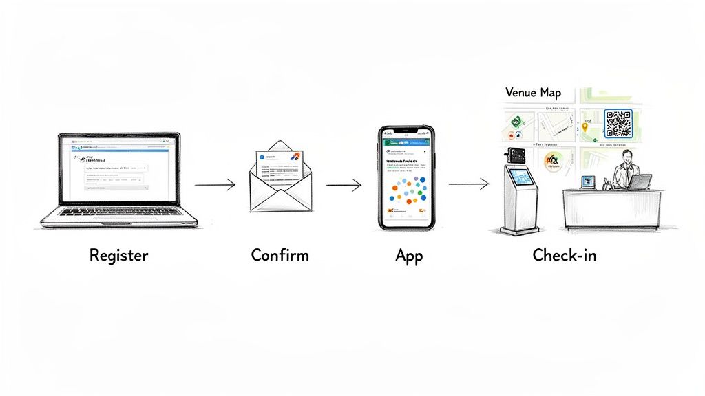 Visual flow of event management: online registration, email confirmation, mobile app access, and venue check-in.