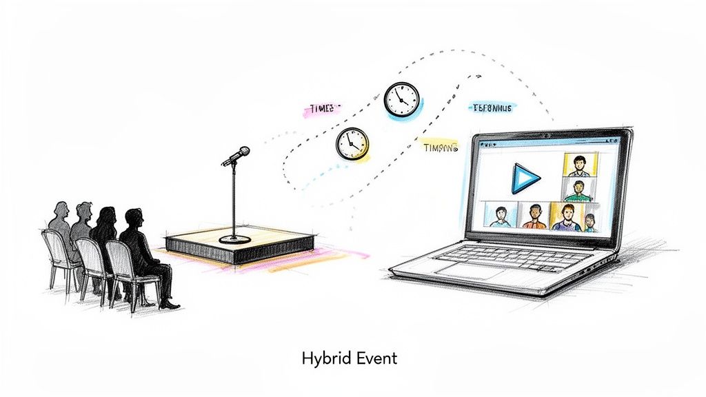 A drawing illustrating a hybrid event with an in-person audience and virtual participants on a laptop.