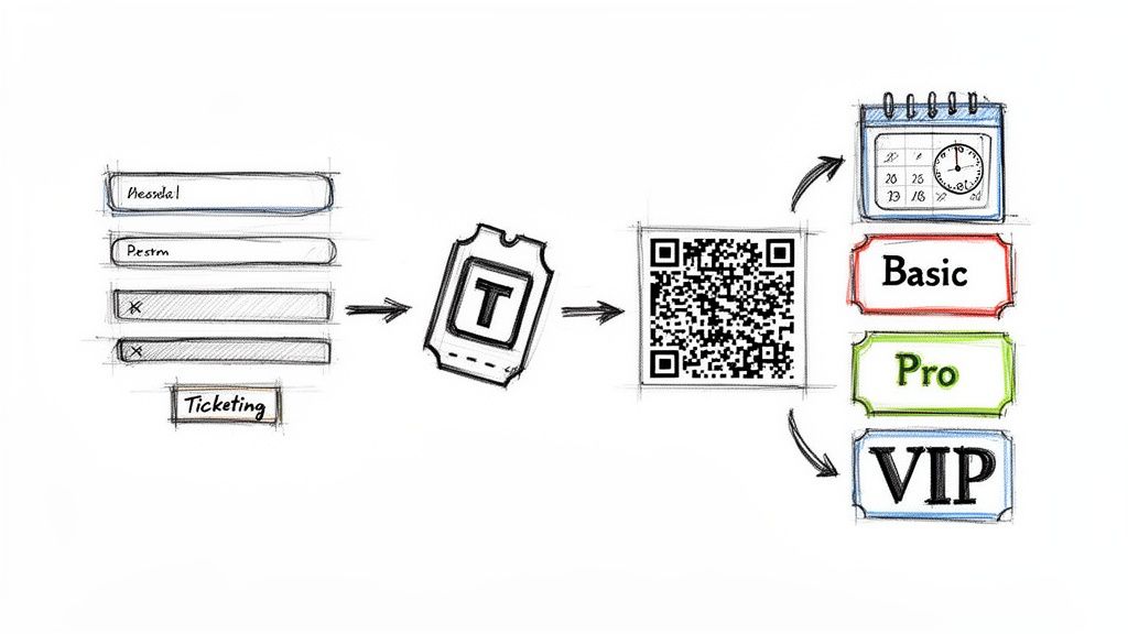Diagram illustrates ticketing process: user input creates a QR code ticket linked to date and Basic, Pro, VIP tiers.