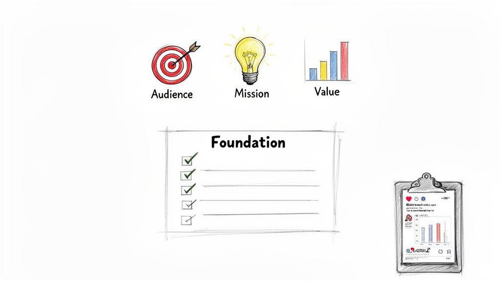 Diagram illustrating strategic business concepts: Audience, Mission, Value, Foundation checklist, and data metrics.