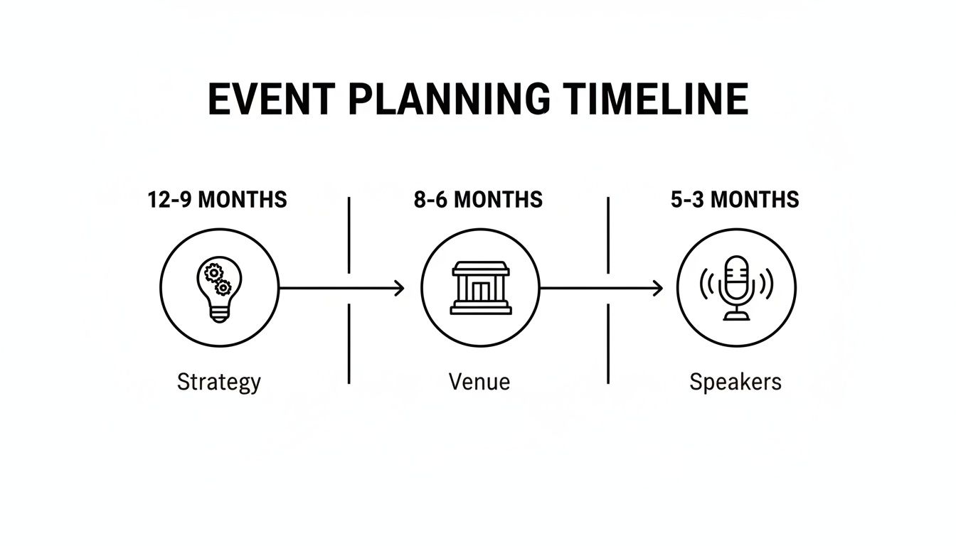 Event planning timeline with steps for strategy, venue, and speakers at different months out.