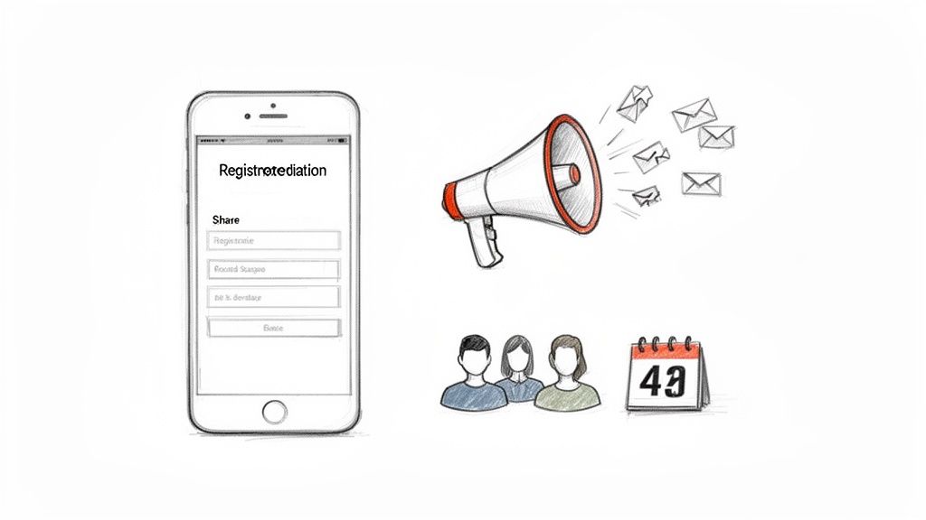Illustration showing steps for event planning, including mobile sharing, communication, audience, and scheduling.
