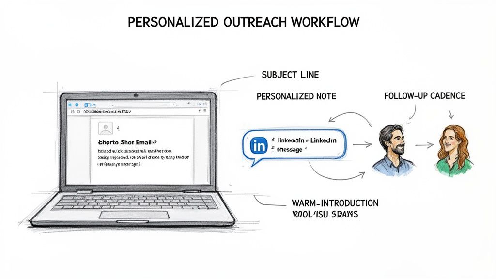 Diagram illustrating a personalized outreach workflow: from email on a laptop to LinkedIn message, then follow-up cadence.