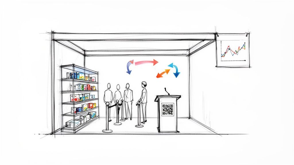 Event booth sketch showing a queue, product shelves, a podium with QR code, and process flow.