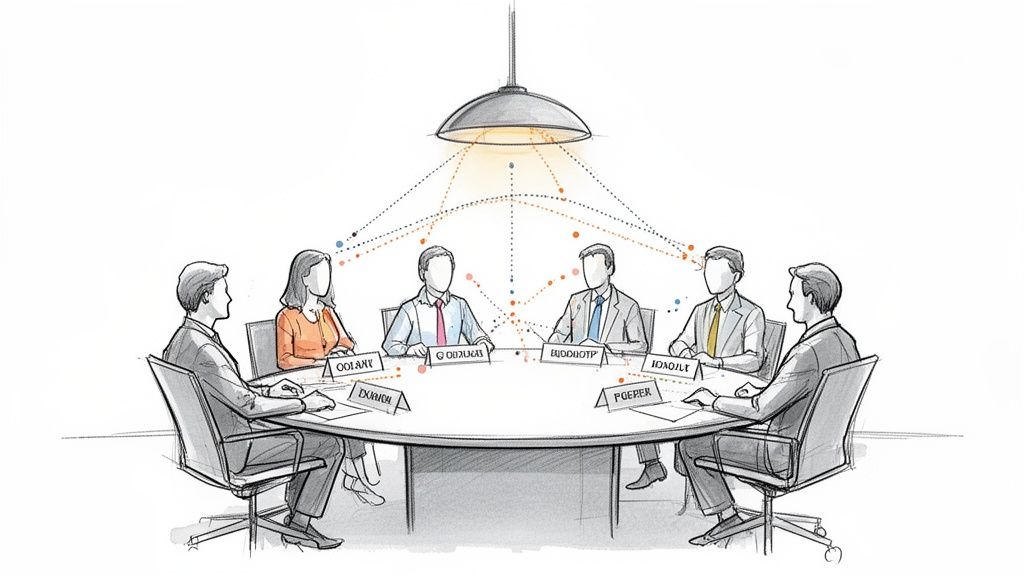 Illustration of six diverse professionals in a business meeting around a round table, collaborating.