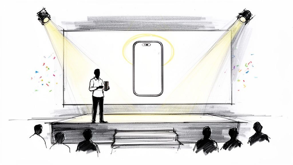 Sketch of a product launch event with a speaker presenting a smartphone on a large screen.