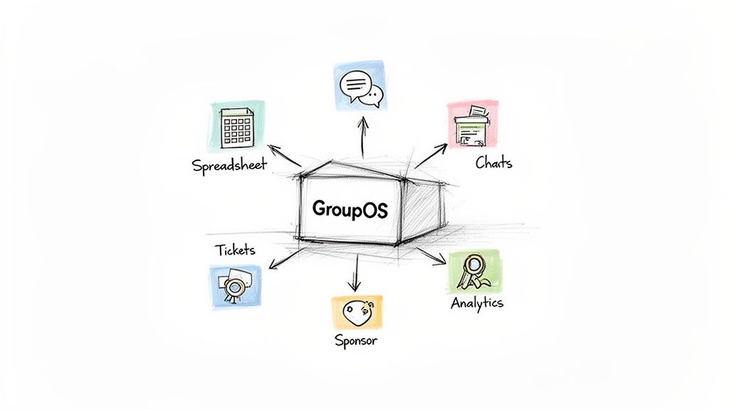 A diagram showing GroupOS as a central hub connecting various tools like spreadsheets, chats, tickets, and analytics.