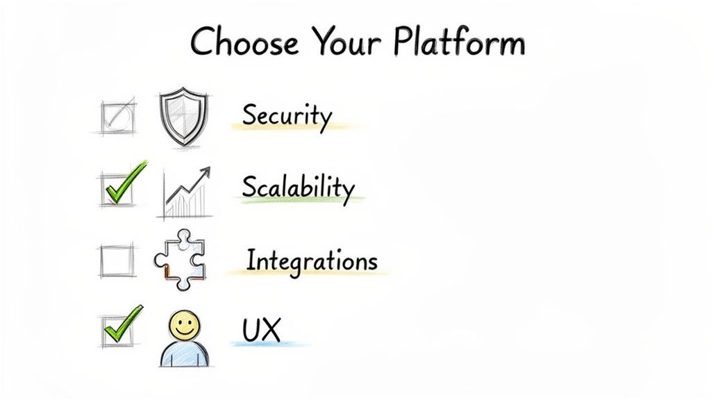 Whiteboard sketch showing platform features: Security, Scalability (chosen), Integrations, UX (chosen).