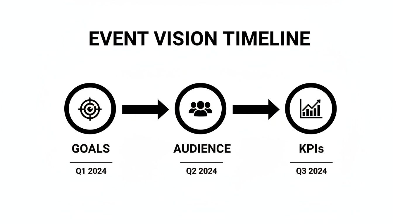 Timeline showing event planning stages: goals (Q1), audience (Q2), and KPIs (Q3) for 2024.