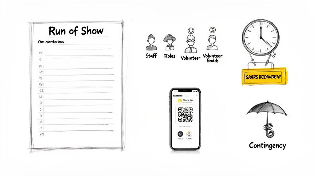 An illustration of event planning essentials: run of show, staff, volunteers, check-in app, schedule, and contingency.