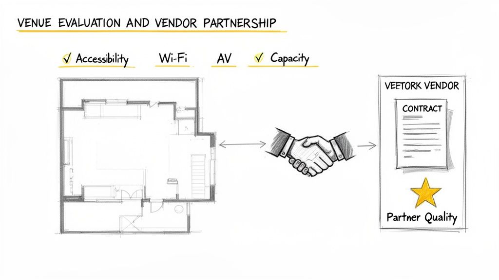 Diagram illustrating venue evaluation criteria like accessibility and capacity, and vendor partnership with a contract and quality star.