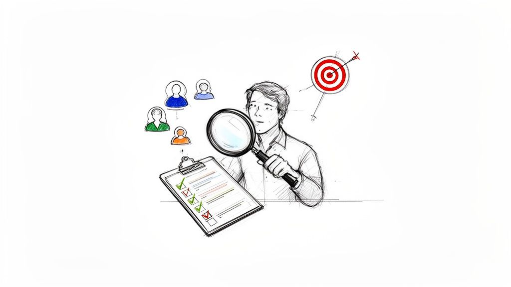 Sketch of a man analyzing a checklist and target audience with a magnifying glass, aiming for goals.