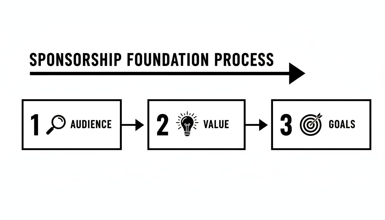 A diagram outlining the three-step Sponsorship Foundation Process: Audience, Value, and Goals.