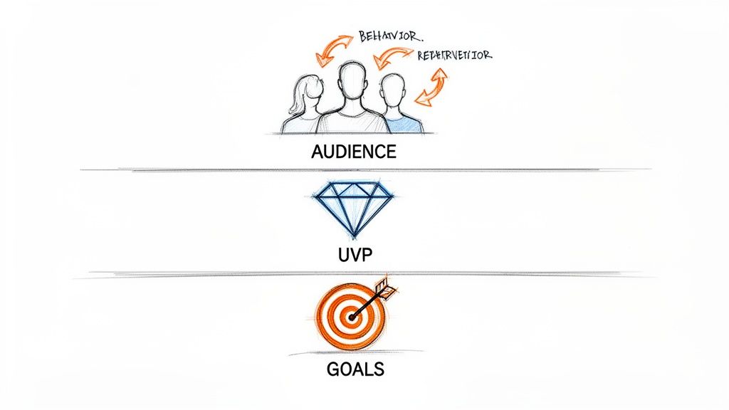 A three-tier model showing Audience with behavior and redetention, Unique Value Proposition as a diamond, and Goals as a target.