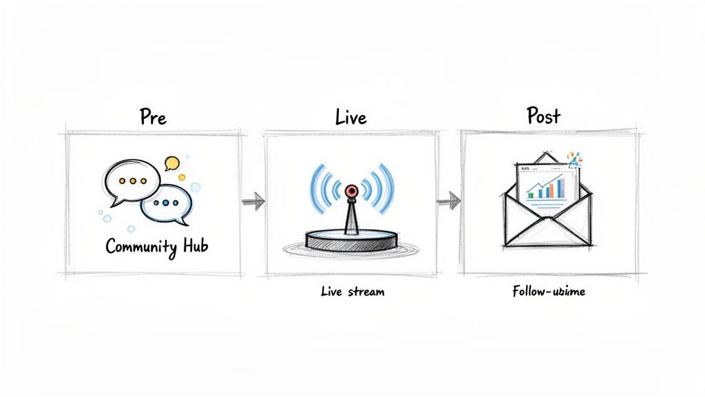 Three-step event promotion process: Pre (Community Hub), Live (Live stream), and Post (Follow-up email with analytics).