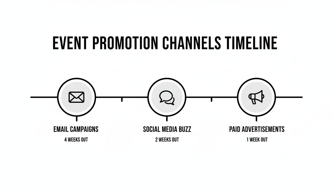 Timeline showing event promotion channels: email campaigns (4 weeks out), social media buzz (2 weeks out), and paid advertisements (1 week out).