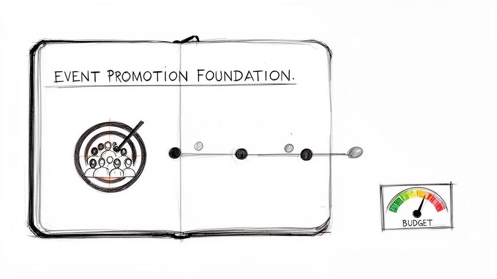 Hand-drawn illustration showing event promotion foundations: audience targeting, progress timeline, and budget management.