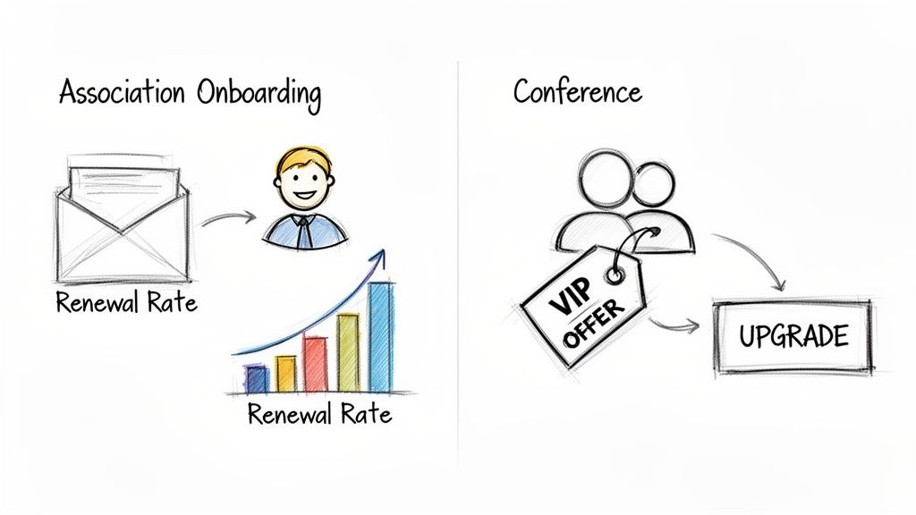 Diagram illustrating association onboarding for renewal rate improvement and conference VIP offers for upgrades.